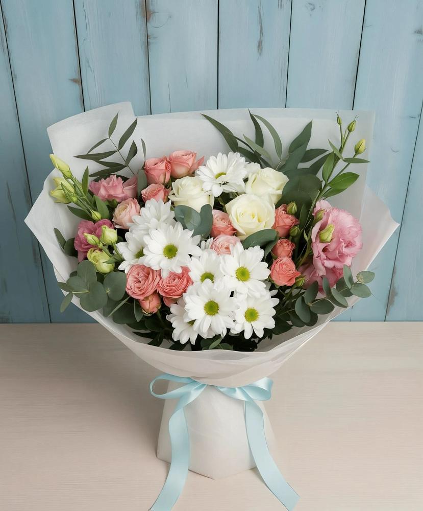 Букет цветов из: Розы, Лизиантусы и Хризантемы в Фирово