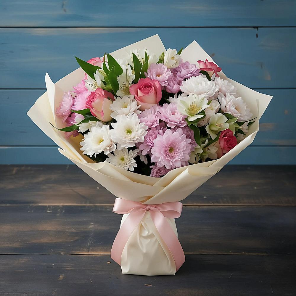 Букет цветов из: Хризантемы, Альстромерии и Розы в Фирово